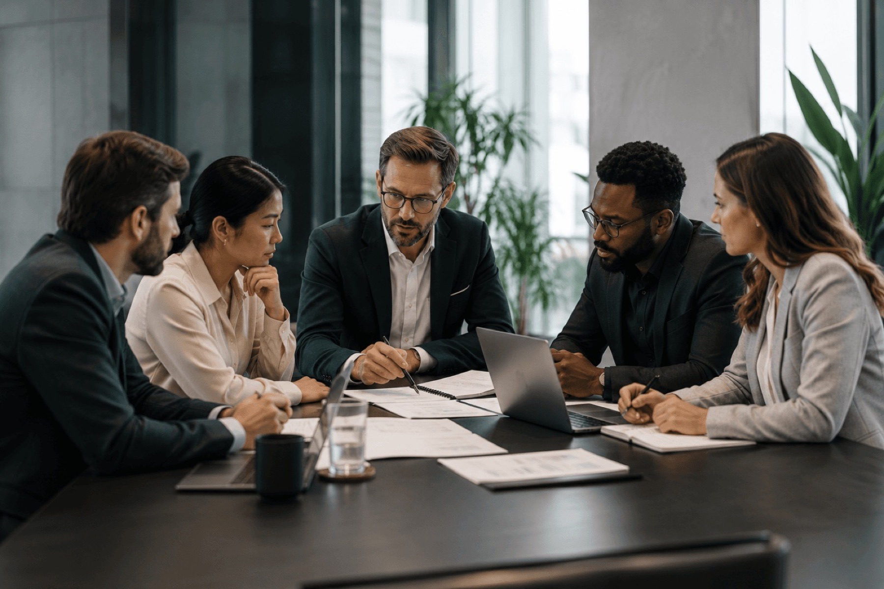 Team focused around a conference table