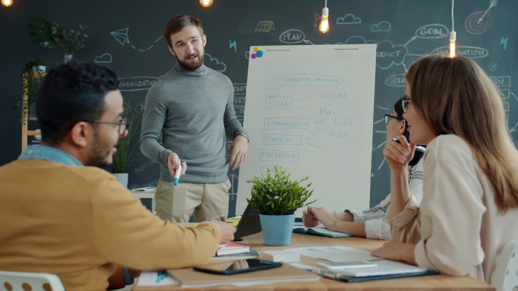 Facilitator mapping a sales playbook at a whiteboard